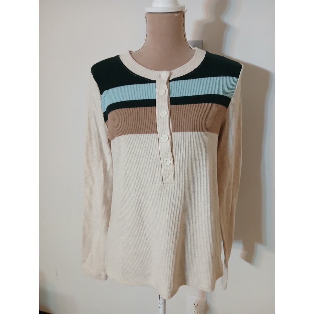 Lands End Womens M 10-12 Ribbed Henley Long Sleeve Striped Top Cream Blue Tan